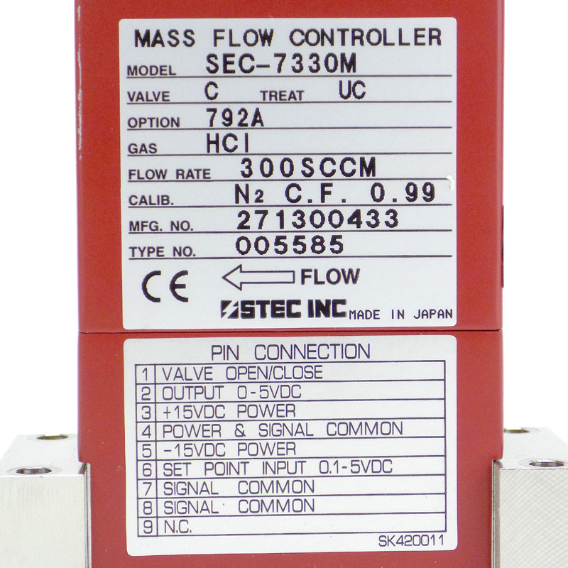 Stec SEC-7330M Mass Flow Controller MFC w/ option 792A, 300 SCCM, HCl Gas