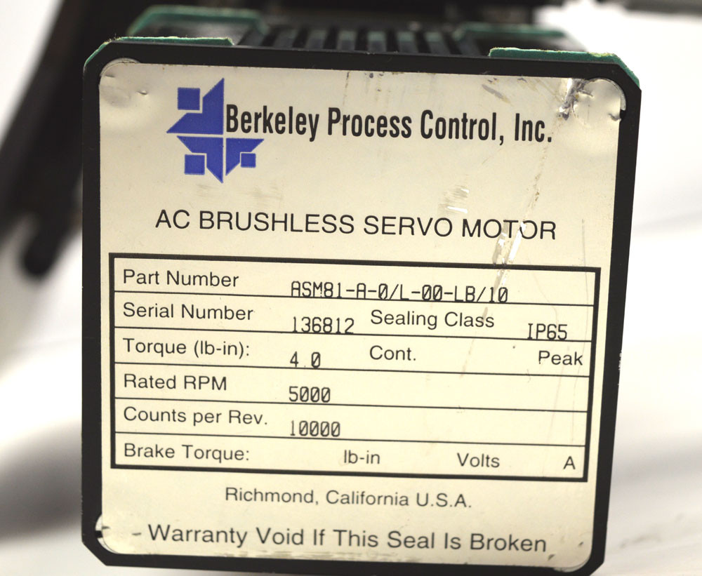 Berkeley ASM81-B-0/A-00-NR/10 AC Brushless Servo Motor 5000-RPM Process Control 