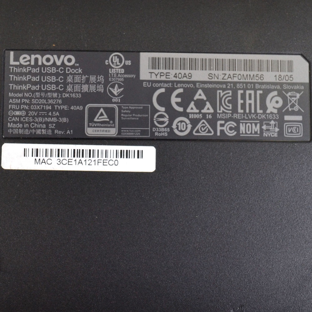 Lenovo DK1633 ThinkPad USB-C Station Type 40A9 w/ ADLX90NLC2A Power Adapter