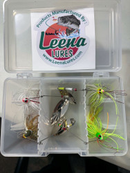 Leena Lures' Spinner Bait Kit contains
1 - Pro Series 1/2 oz bait
1 - Pro Series "the Natural" 1/2oz bait
1 - UnRaveler 1/2oz bait
1 - Pro Series 3/8 oz bait