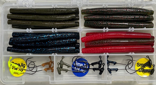 Leena Lure's - New 36-piece Finesse Stick Kit includes
24 - 4" Finesse Sticks (Black Blue-6, Texas Red/Green Pumpkin-6, Watermelon Red Flake-6, Green Pumpkin-6)
8 - 1/8oz SmaJigs
4 - 1/4oz Smajigs
