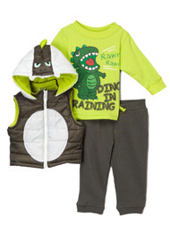 Boyz Wear Infant Boys 3-Piece Dinosaur Outfit Hooded Vest Shirt & Pants Set