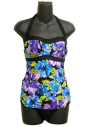 Tropical Escape Womens Black & Purple Halter 1 Piece Swimsuit Tankini Blouson