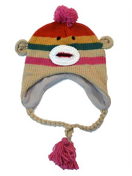 Manhattan Hat Company Womens Pink Striped Sock Monkey Pom Trapper Hat