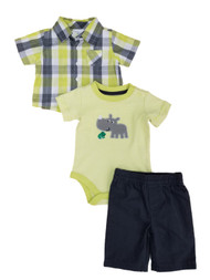 Infant Boys 3 Piece Baby Outfit Green & Gray Plaid Shirt Pants & Rhino Bodysuit
