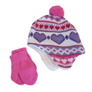Faded Glory Infant Girls Pink Heart Pom Baby Beanie & Mittens Hat Set