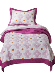 Girls Pink and Orange Flower Dot Stitched Twin Quilt & Sham Set 2 Piece