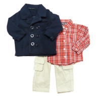 Only Kids Infant Boys 3 Outfit Tan Cord Pants Red Plaid Shirt & Blue Peacoat