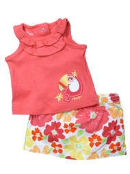 Infant Girls Baby Outfit Orange & White Toucan Bird Shirt & Ruffled Skirt Set