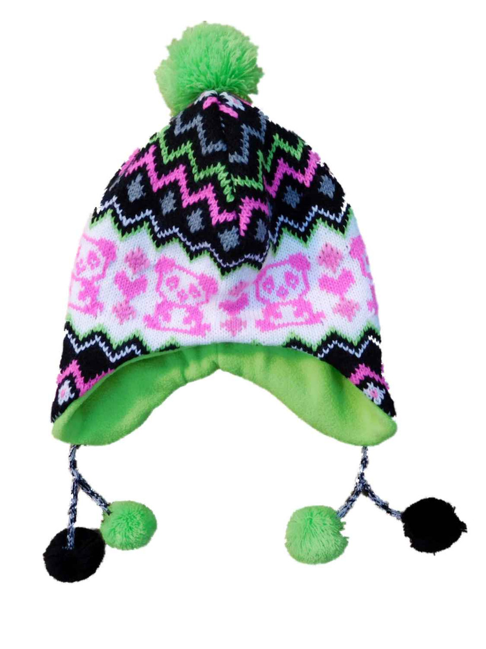 Yak Pak Girls Colorful Zebra Print Winter Peruvian Trapper Hat with Pom-Poms Green