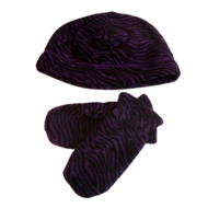 Faded Glory Infant & Toddler Girls Purple Zebra Fleece Beanie & Mittens Hat Set