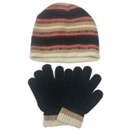 Faded Glory Girls Brown & Pink Stripes Sequin Hat & Gloves Beanie Set