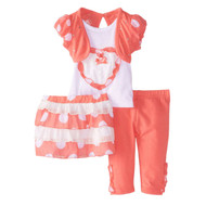 Young Hearts Infant Girls Coral & White Top Leggings Skirt Outfit 3 PC Set