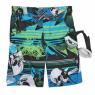 Zero Xposur Boys Blue & Green Skull Swim Trunks Board Shorts & Goggles Set