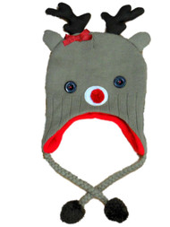 Womens Brown Knit Reindeer Peruvian Style Trapper Hat Fleece Lined