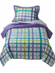 Purple and Blue Ribbon Plaid Stitched Full Queen Quilt Shams Set Comforter