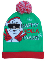 Men's Christmas Santa "Happy Holla Days" Green Beanie Stocking Cap Winter Hat