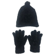 Girls Fuzzy Black Plush Hat & Gloves Beanie Set