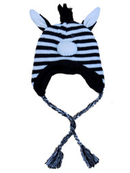 Womens Black Knit Zebra Peruvian Style Trapper Hat Fleece Lined