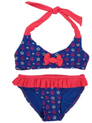 Girls Blue Anchor Print Bikini Swimming Suit Swim Bathing Suit
