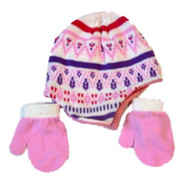 Infant Girls White & Pink Baby Beanie Hat & Mittens Set Stocking Cap