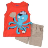 Mini Bean Infant Boys Orange Octopus T-Shirt Tan Shorts Set Baseball Outfit