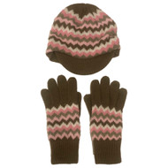 Faded Glory Girls Brown & Pink Zigzag Stripes Newsboy Hat & Gloves Beanie Set