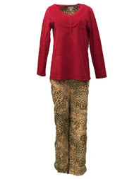 Celestial Dreams Womens Brown & Red Leopard Print Pajamas Fleece Pajama Set