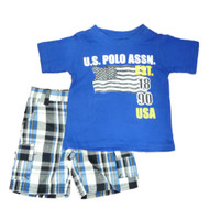 Polo USPA Infant & Toddler Boys 2 Piece Blue T-Shirt & Blue Plaid Shorts Set