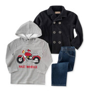 Kids Headquarters Infant Boys 3 Piece Motorcyle Outfit Pants Shirt & Peacoat