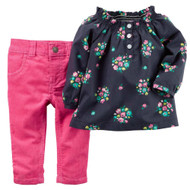 Carters Infant Girls 2 Piece Blue Floral Shirt & Pink Corduroy Pants Outfit