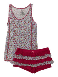 Valentines Womens Pink Floral Rhumba Shorts & Tank Pajama Set Ruffle Pajamas