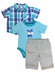 Infant Boys Baby Outfit Blue Plaid Shirt Khaki Pants & Puppy Dog Bodysuit