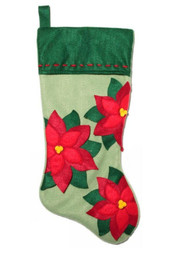 Christmas Eve Embellished Stitched Green Felt Poinsettia Christmas Stocking