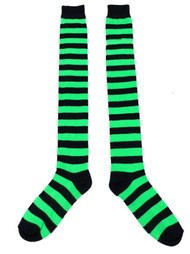 My Halloween Womens Long Neon Green & Black Striped Over the Knee Socks