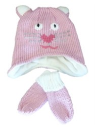 Infant & Toddler Girls Pink Kitty Cat Hat & Mittens Set Knit Beanie