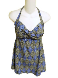 Tropical Escape Womens Blue & Black Print Halter 1 Piece Swimsuit Swim Dress