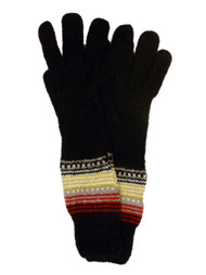 Fownes Womens Long Black Knit Gloves Red & Gray Stripes