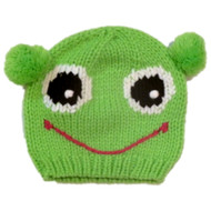 Girls Green Frog Hat Knit Beanie With Poms Stocking Cap