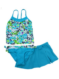 Zero Xposur Girls Aqua Floral Tankini Swimming Swim Suit With Skirt Wrap 3 PC