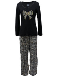 Celestial Dreams Womens Brown & Black Leopard Print Pajamas Fleece Pajama Set