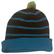Aquarius Boys Colorful Knit Striped Blue & Brown Beanie Pom Pom Hat Stocking Cap