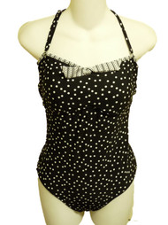 Tropical Escape Women Black White Polka Dot Halter Swim Suit Swimming Bathing