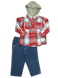 Little Rebels Toddler Boys Red Plaid Button Up Moto Cross Shirt & Jeans Set 2T