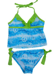 Laguna Girls Blue Tie Dye With Peace Sign Tankini Swimming Suit Swim 2 PC