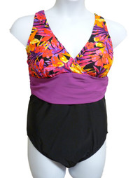 Tropical Escape Womens Black Purple Floral Swimming Suit Plus Swim Bathing