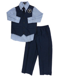 George Boys Blue Dress Outfit Striped Shirt Vest Tie & Slacks 4