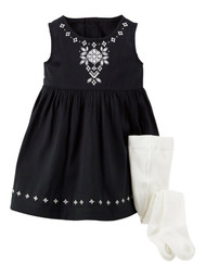 Carters Infant Girls 2 Piece Set Black Geometric Sateen Dress & White Tights