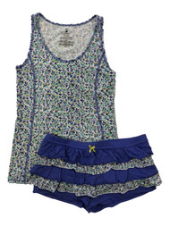 Valentines Womens Blue Floral Rhumba Shorts Tank Pajama Set Ruffle Pajamas