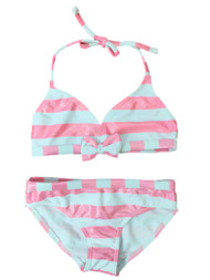 Girls Pink & White Striped Swimming Suit Swim 2 PC Size 6-6X